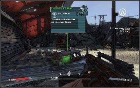 W czasie strzelaniny przy bramie, Claptrap [1] zostanie postrzelony (lewy obrazek) - Claptrap Rescue cz.1 | Arid Badlands | Solucja Borderlands - Borderlands - poradnik do gry