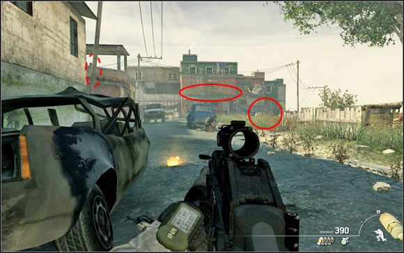 Kieruj się w górę drogi i skręć w lewo, przed Tobą znajduje się budynek , na którym spotkasz kilku wrogów - Akt II - Gniazdo szerszeni | Kampania Call of Duty Modern Warfare 2 - Call of Duty: Modern Warfare 2 - poradnik do gry