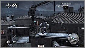 Ścigamy się z Federico - najpierw wskakujemy na skrzynie, na lampę i drewniane belki a potem skręcamy w prawo (wystarczy trzymać R1 + X i sterować Lewym Analogiem ) - Sekwencja 1 (1) | Fabuła | Solucja Assassins Creed II - Assassins Creed II - poradnik do gry