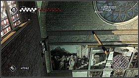 Przebiegamy przez półkę aż do ściany - tutaj wspinamy się po uchwytach [1] i na górze przeskakujemy do tyłu na wyższy poziom belek - Wenecja - Kryjówka Templariuszy | Lokacje dodatkowe w Assassins Creed II - Assassins Creed II - poradnik do gry
