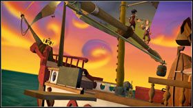 Gdy przekręcisz ster, okręt przechyli się i zauważysz beczkę pełną ryb, którą niestety blokuje lina - Prolog | Chapter 2 | Tales of Monkey Island - Tales of Monkey Island - poradnik do gry