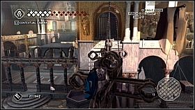 Po uchwycie wdrapujemy się na balkon [1] i skręcamy w prawo - musimy przeskoczyć na przeciwległą cześć po dwóch krzyżach - Święć się imię Twoje - cz. 2 | Lista trofeów Assassins Creed II - Assassins Creed II - poradnik do gry