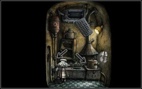 Stajemy na garczku #1 i używamy długiego haka na skrzyni pod sufitem - [Opis przejścia] Scena 14 | Machinarium - Machinarium - poradnik do gry