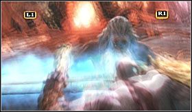 Wykończeniowa sekwencja QTE w pierwszej fazie przybierze postać mini gry, bowiem zanim dopchniesz przeciwnika do serca Gai (tam nastąpi decydujący cios dla dwojga oponentów), będziesz musiał na zmianę wciskać szybko kółko oraz L1 i R1 - Zeus (2) | Opis przejścia God of War III - God of War III - poradnik do gry