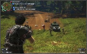 Po chwili pojawi się pierwsza fala przeciwników (zlokalizuj ich na mini-mapie w lewym górny rogu) - Jasny gwint! | Opis przejścia Just Cause 2 - Ularowcy III - Just Cause 2 - poradnik do gry