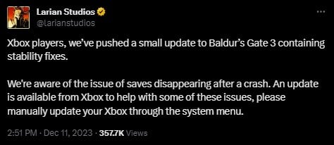 Gracze Baldurs Gate 3 na Xboxach tracą postępy w rozgrywce. Microsoft proponuje tymczasowe rozwiązanie - ilustracja #1