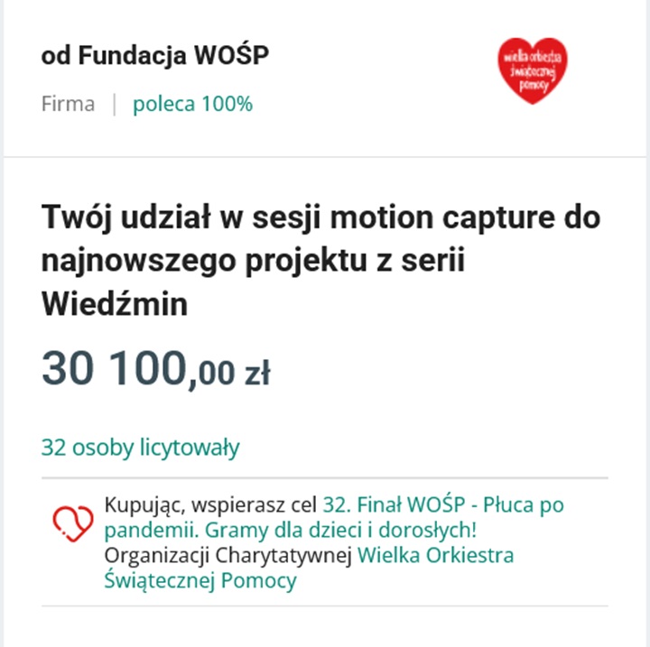 Wspomniana aukcja studia CD Projekt RED na Allegro. - Ponad 30 tysięcy złotych za udział w Wiedźminie 4. Tyle zapłacił fan na licytacji - wiadomość - 2024-02-13