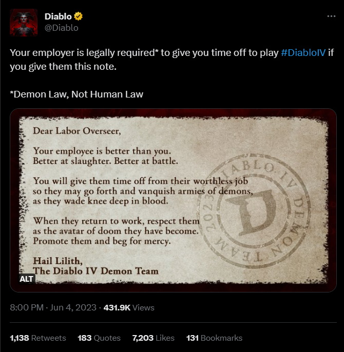 Blizzard próbuje opętać pracodawców, żeby dali pracownikom wolne na granie w Diablo 4 - ilustracja #1