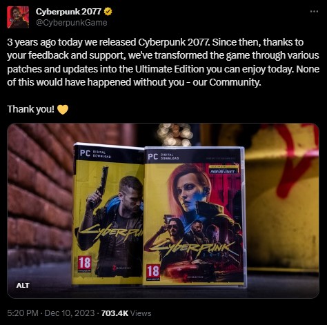 Twórcy Cyberpunka 2077 podziękowali społeczności graczy za 3 lata wsparcia - ilustracja #1