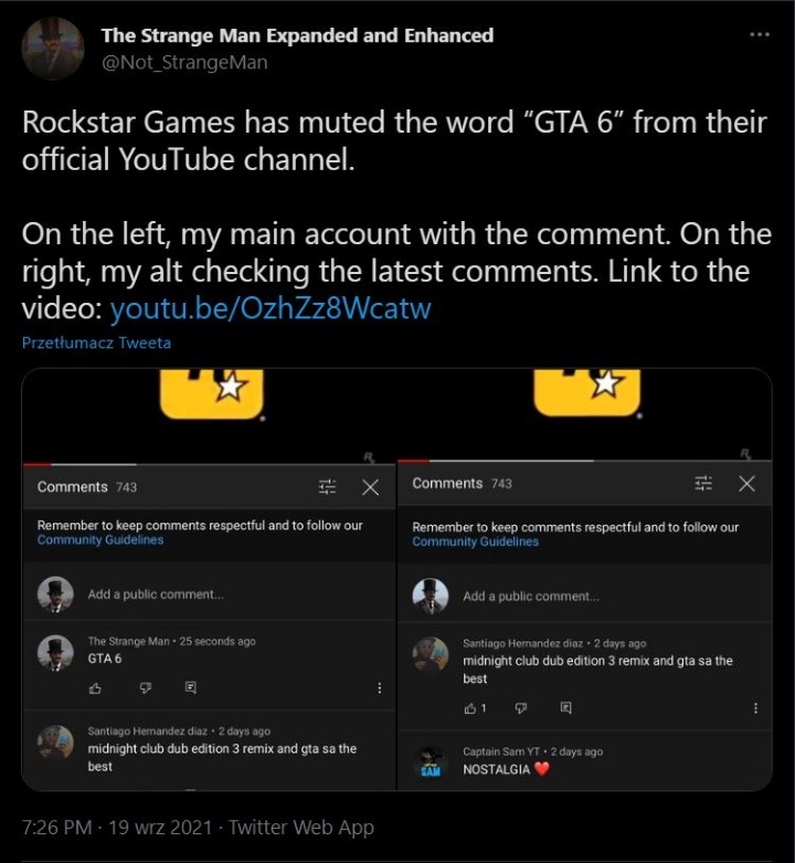Rockstar ma dość wspominania o GTA 6 i ukrywa komentarze na swoim kanale YouTube - ilustracja #1