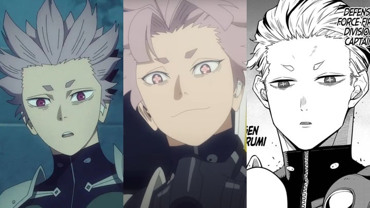 Gen Narumi w pierwszym sezonie, w drugim sezonie i w mandze | Kaiju No. 8, Shigeyuki Miya and Tomomi Kamiya, Production I.G, 2024 / Kaiju No. 8, Naoya Matsumoto, Shueisha, 2020 - „Production I.G zrehabilitowało się”. Po wielu narzekaniach fanów w Kaiju No. 8 przed 2. sezonem naprawiono największy błąd - wiadomość - 2025-03-25