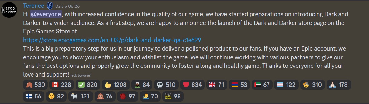 Informacja o utworzeniu karty gry w EGS / kanał Dark and Darker na Discordzie.