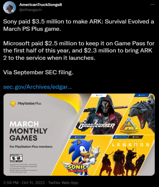 Dodawanie gier do Game Passa i PS Plusa kosztuje miliony; przykład ARK - ilustracja #1