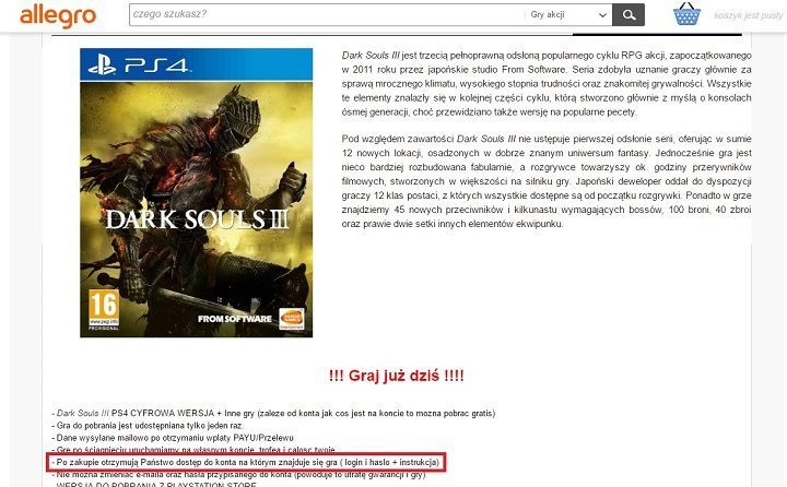 Jedna z wielu tego typu ofert na Allegro. - Znamy szczegóły zatrzymania w sprawie handlu kontami PSN - wiadomość - 2017-05-19