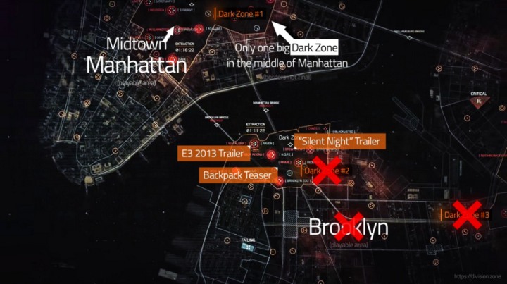 Mapa świata gry z zaznaczonymi miejscami akcji zwiastunów przedpremierowych. - Wszystko o Tom Clancy's The Division (podsumowanie 2 lat gry i zapowiedź sequela) - akt. #22 - wiadomość - 2018-06-08