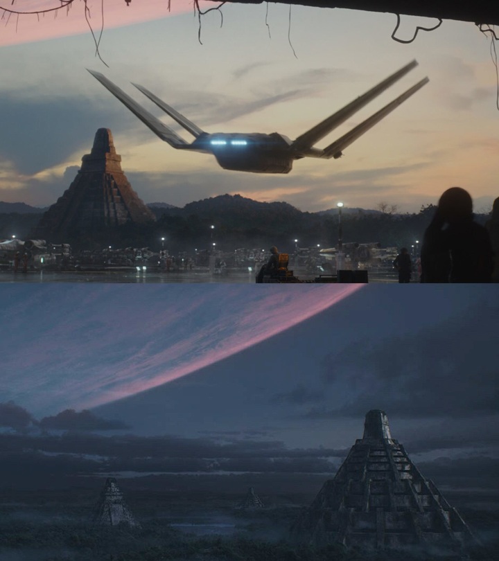 Na górze Yavin 4 w Łotr 1, na dole w Andorze | Rogue One: A Star Wars Story, Gareth Edwards, Lucasfilm Ltd., 2016 / Andor, Tony Gilroy, Disney+, 2022 - Andor ujawnił genezę ikonicznego księżyca ze Star Wars, będącego ważnym miejscem dla Rebeliantów - wiadomość - 2025-04-23