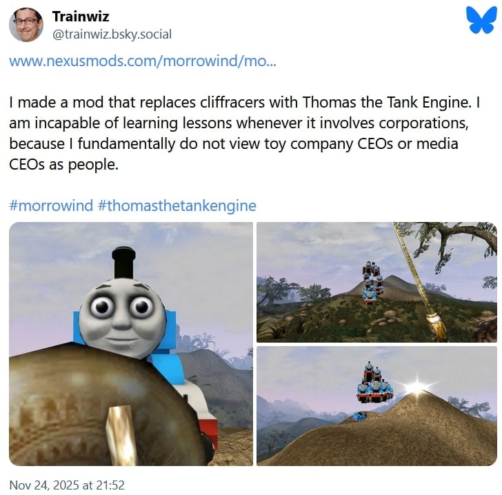 Bluesky - Dodał lokomotywę Tomka do Skyrima, a teraz wrzuca go do Morrowinda. Moder „nie uczy się na błędach” i nabija z prawników Mattel - wiadomość - 2025-11-26