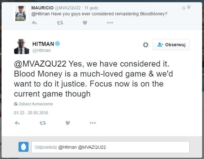 Źródło: twitter.com. - Hitman: Krwawa Forsa - producenci rozważają stworzenie remastera. Nowy cel Agenta 47 pojawi się w przyszły piątek - wiadomość - 2016-05-20