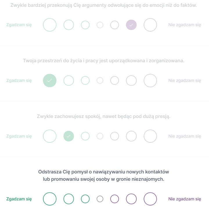 Przeprowadzenie testu MBTI sprowadza się do zajęcia stanowiska w kilkudziesięciu kwestiach. Źródło: 16Personalities. - Test MBTI - co to jest, co opisuje i jak go wykonać? - wiadomość - 2024-06-27