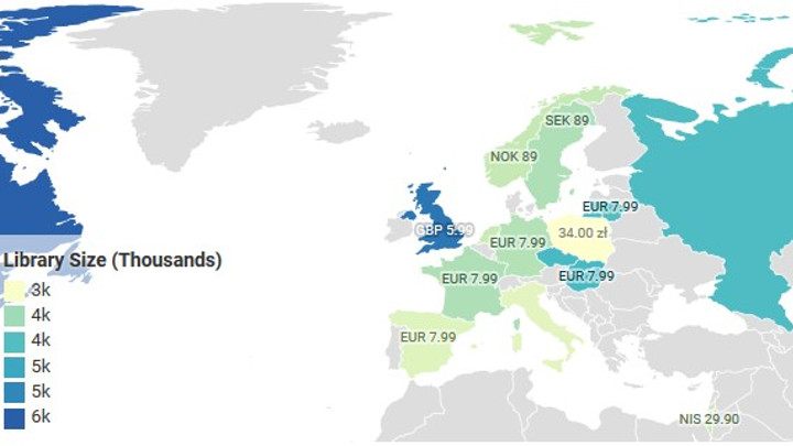 Porównanie wielkości bibliotek na terenie Europy (źródło: comparitech.com) - Netflix nie opłaca się Polakom? Analiza wykazuje mało opcji i wysoką cenę - wiadomość - 2018-09-26
