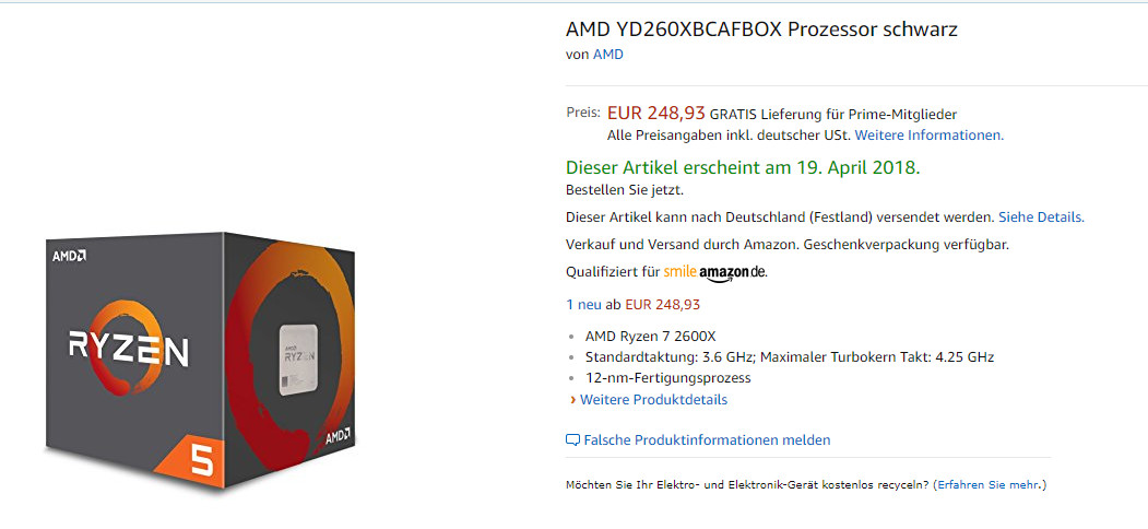 Ryzen 5 2600X w niemieckim serwisie Amazon.