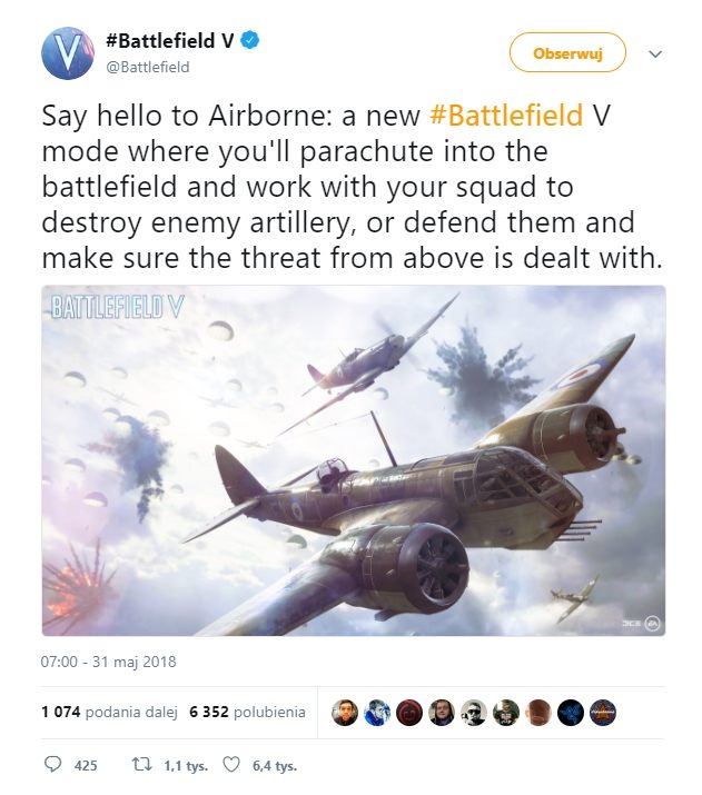 Twitt na oficjalnym kanale Battlefielda V.