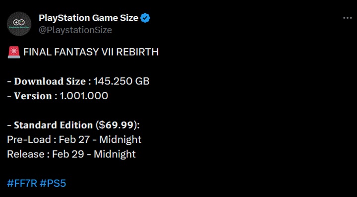 Rozmiar gry opublikowany przez PlayStation Game Size. - Nadciąga demo Final Fantasy VII Rebirth. Znamy też rozmiar pełnej wersji [Aktualizacja] - wiadomość - 2024-02-06
