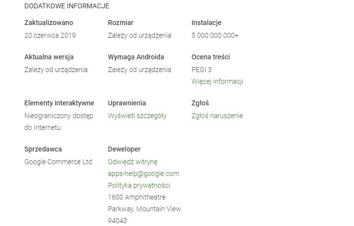 Profil przeglądarki Chrome w sklepie Google Play.