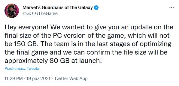 Marvels Guardians of the Galaxy będzie wymagać znacznie mniej niż 150 GB - ilustracja #1