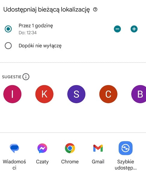 Udostępnianie lokalizacji w Mapach Google. Źródło: własne.