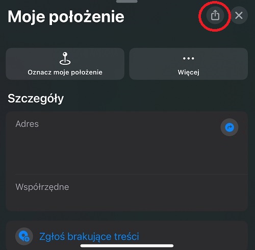 Apple Maps również oferuje możliwość dzielenia się swoją lokalizacją z innymi. Źródło: własne.