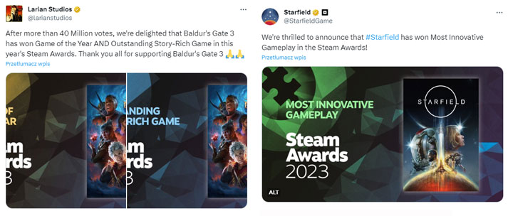 Nagrody Steam rozdane. Baldurs Gate 3 najlepszą grą roku, a Starfield najbardziej innowacyjną - ilustracja #1