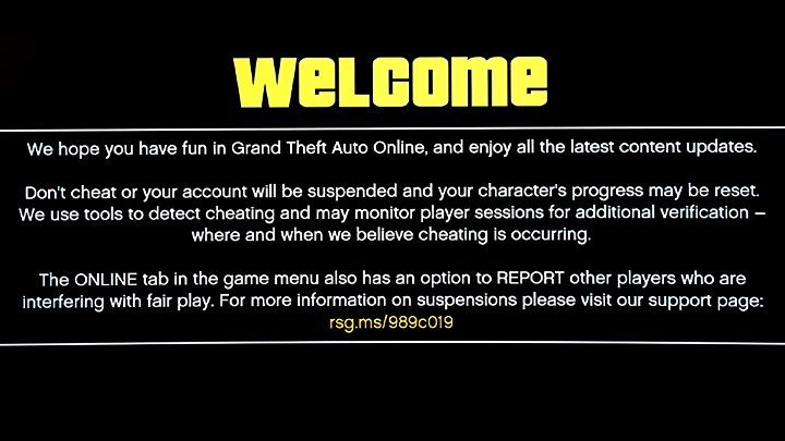 „Nie oszukuj, bo zostaniesz zbanowany i utracisz cały postęp” – taka wiadomość wita od niedawna wszystkich logujących się do GTA Online. - Rockstar wyjaśnia powody ograniczenia wsparcia dla modów w GTA V - wiadomość - 2017-06-16