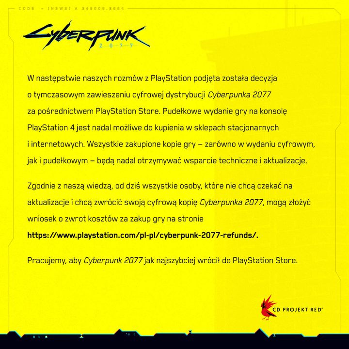 [Aktualizacja] Cyberpunk 2077 usunięty z PlayStation Store. Jest komentarz CD Projekt - ilustracja #1