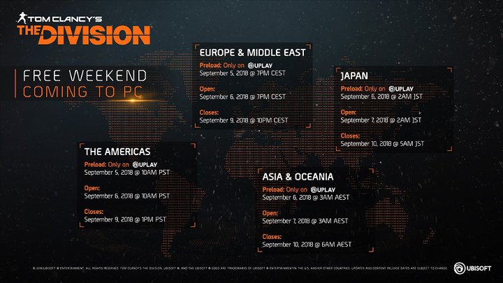 Zainteresowani mogą dokładnie zapoznać się z harmonogramem darmowego weekendu na PC. - Tom Clancy's The Division - dziś rusza darmowy weekend na PC - wiadomość - 2018-09-07