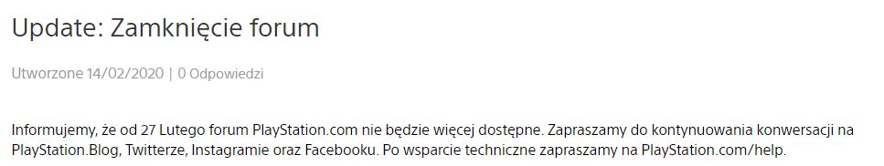 Komunikat o zamknięciu forum PlayStation.