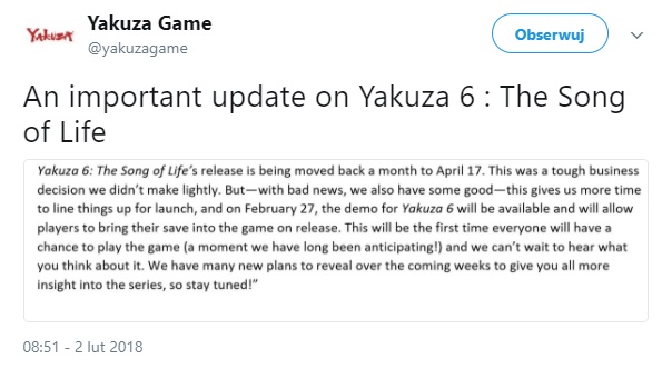 Yakuza 6: The Song of Life – komunikat twórców opublikowany na Twitterze.