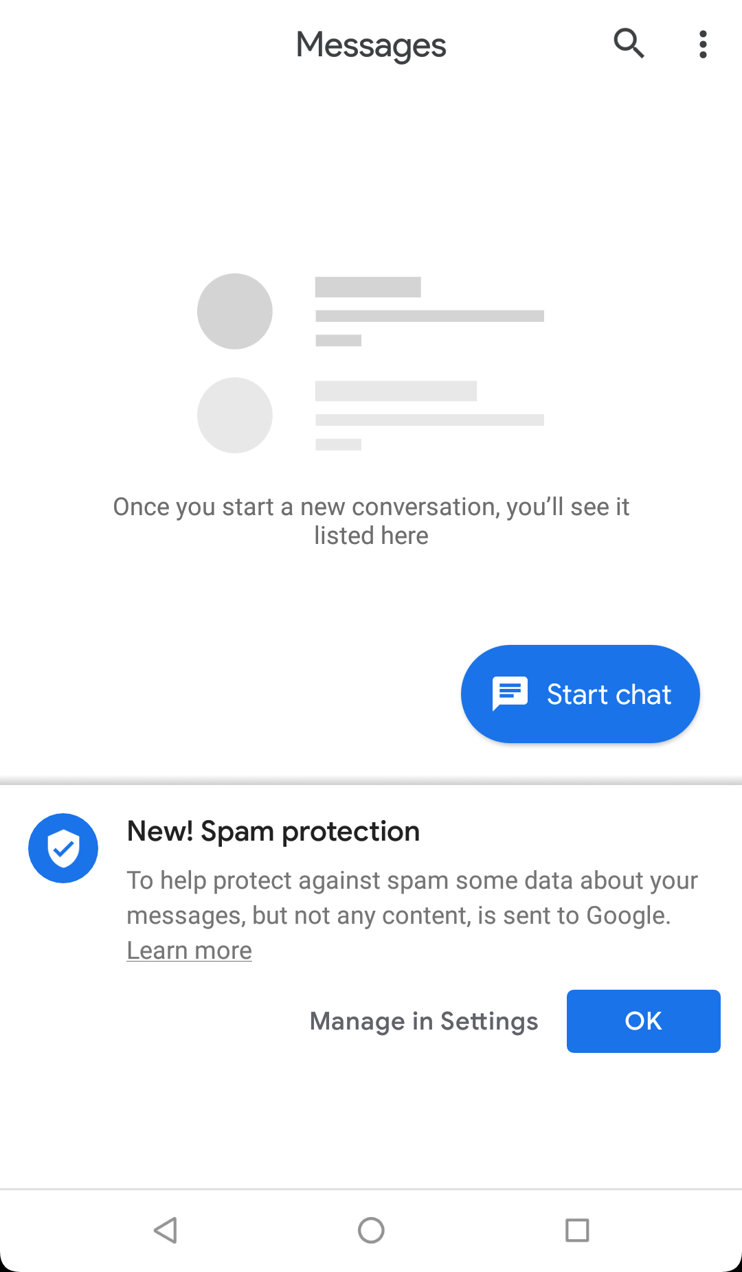 Tak wita się z użytkownikami ochrona przed niechcianymi wiadomościami. - Android Messages dostaje filtr antyspamowy - wiadomość - 2019-01-04