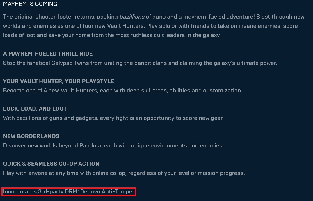 Oficjalna informacja o zastosowaniu Denuvo na karcie gry w serwiscie EGS.