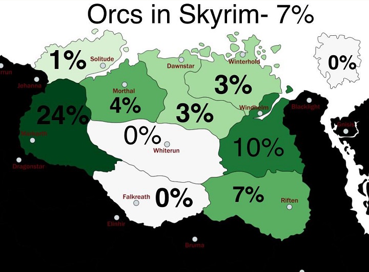 Źródło: daily_maps247 - Gracz stworzył prawdziwą demograficzną mapę Skyrima. Khajitów na północy nie znalazł zbyt wielu - wiadomość - 2025-07-13