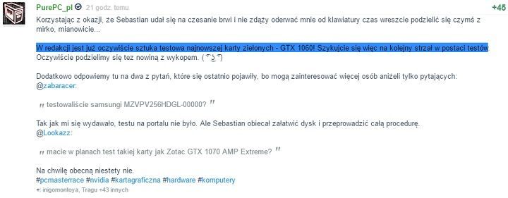 PurePC testuje już kartę grafiki Nvidia GeForce GTX 1060 / Źródło: PurePC na Wykopie. - Nvidia GeForce GTX 1060 nadchodzi - karta trafiła do recenzentów - wiadomość - 2016-07-04