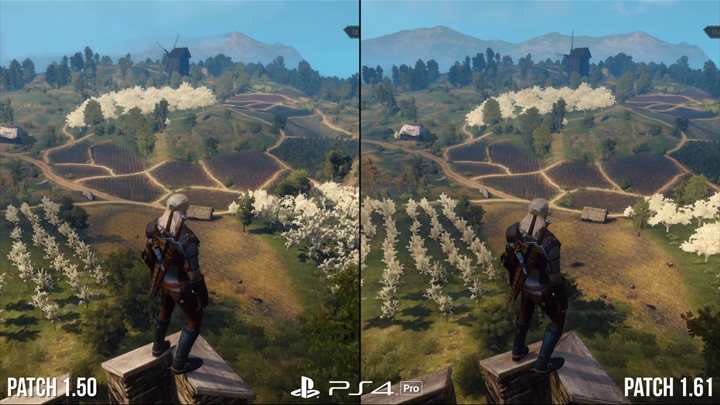 Porównując roślinność po prawej stronie Geralta, wyraźnie widać, że nowy patch obniżył poziom detali i cieni. - Analiza problemów Wiedźmina 3 na PlayStation 4 z patchem 1.61 - wiadomość - 2018-04-29