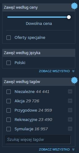 Część funkcji ulepszonej wyszukiwarki gier na Steamie.