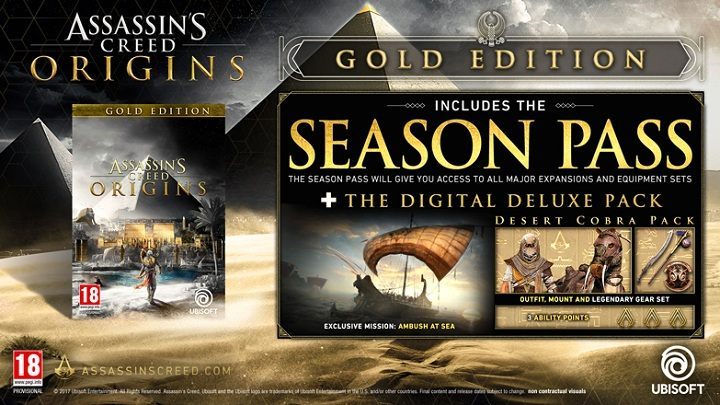 Dodatkową atrakcją w wersji Gold Edition będzie przepustka sezonowa. - Ruszyły zamówienia przedpremierowe na Assassin's Creed: Origins [news zaktualizowany] - wiadomość - 2017-06-17