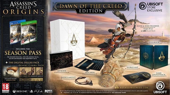 Zawartość Assassin’s Creed: Origins – Dawn of the Creed Edition wygląda nieco inaczej, niż to co znajdziemy w tańszej „kolekcjonerce”. - Ruszyły zamówienia przedpremierowe na Assassin's Creed: Origins [news zaktualizowany] - wiadomość - 2017-06-17
