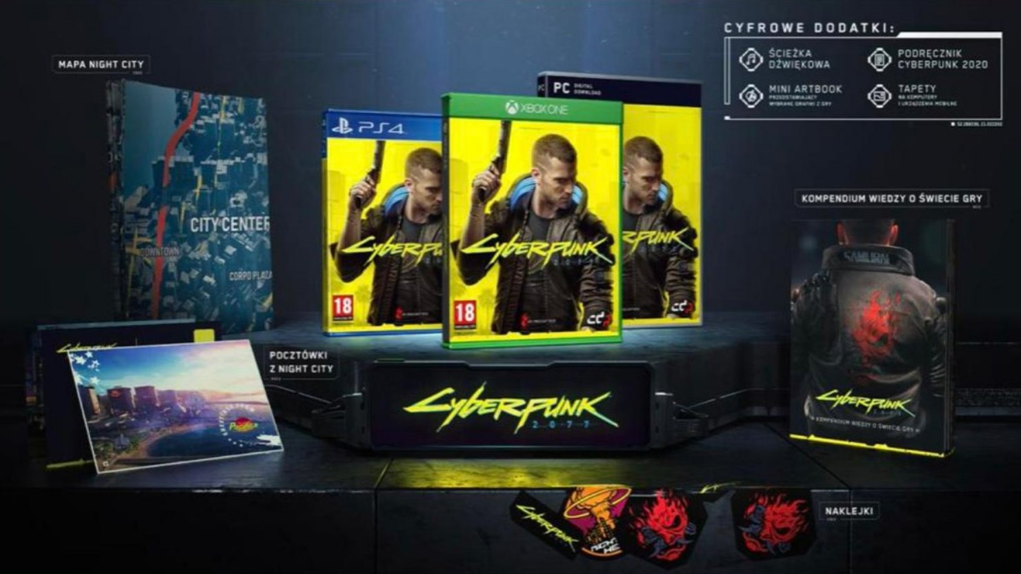 Zestaw prezentuje się naprawdę nieźle. - Wyciekła grafika promująca standardową edycję gry Cyberpunk 2077 - wiadomość - 2019-06-08