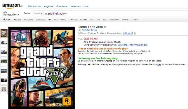 Na niemieckiej stronie Amazon można składać zamówienia przedpremierowe na GTA V na PC w cenie 59,99 euro za sztukę. - GTA V na PC znowu w ofercie sklepu Amazon - wiadomość - 2014-01-23