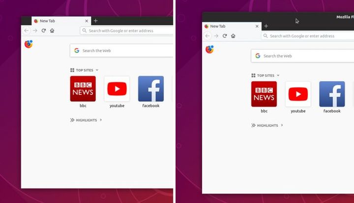 Nowy i stary wygląd Firefoksa (w wersji dla systemu Linux Ubuntu). Źródło: omgubuntu.co.uk.