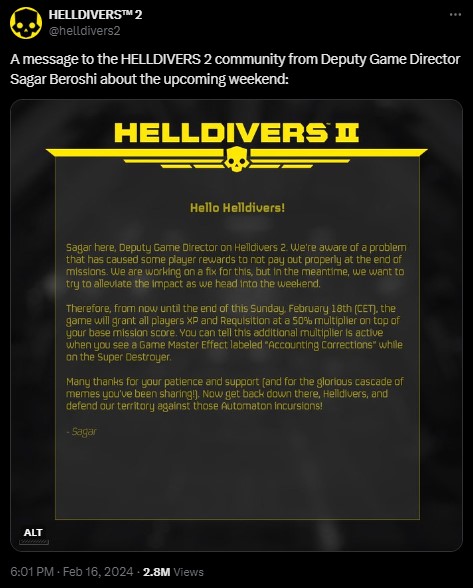 Źródło: X, @Helldivers 2.