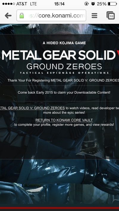 Wiadomość pokazywana osobom, które zarejestrowały swój egzemplarz Metal Gear Solid V: Ground Zeroes.